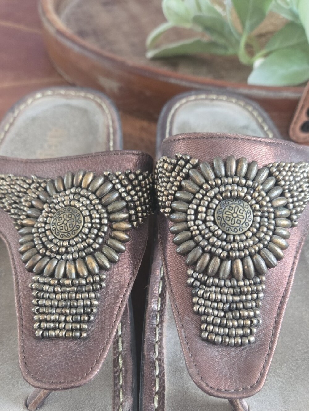 Alegria Metallic Bronze Beaded Thong Sandals - Picture 6 of 11